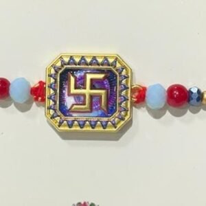 A sacred Swastik Rakhi with colorful beads and thread