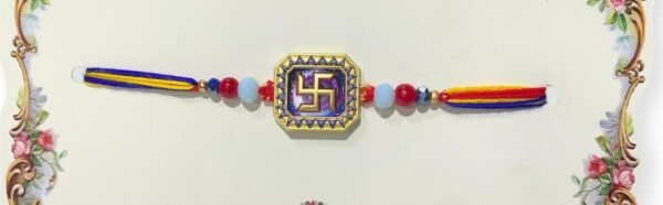A sacred Swastik Rakhi with colorful beads and thread
