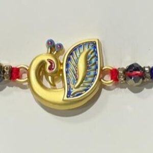 An Indian peacock Rakhi with colorful beads.