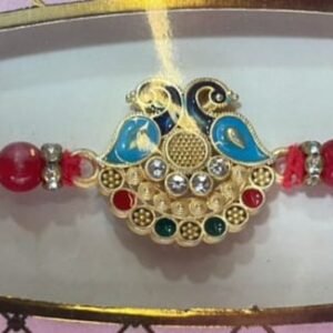Peacock-themed rakhi with multi-colored beads and rhinestone accents bracelet